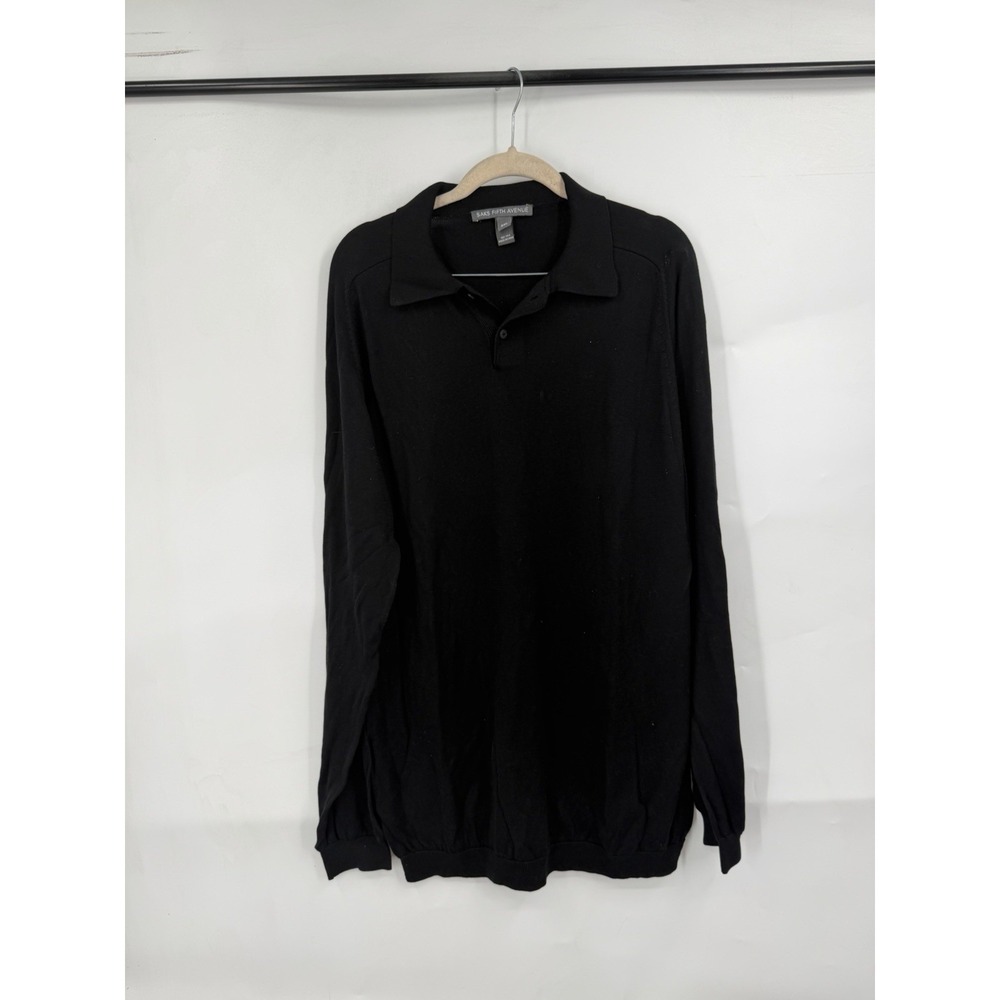 Saks Fifth Avenue 100% Silk Polo Shirt Men XXL Black Long Sleeve Luxe Old Money